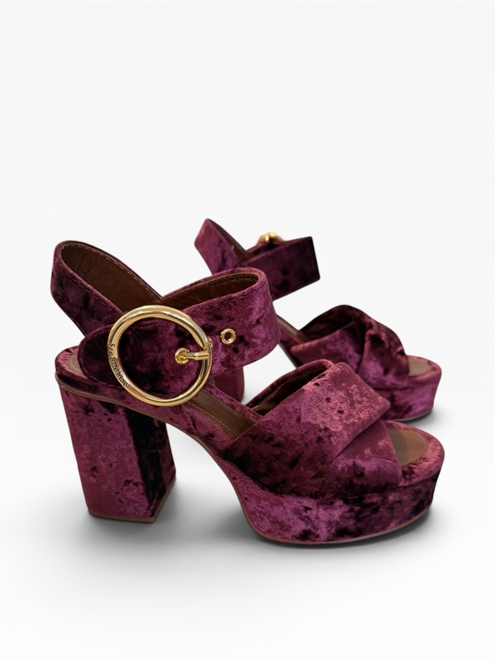 See by Chloe Orla burgundy velvet chunky heel platform sandals